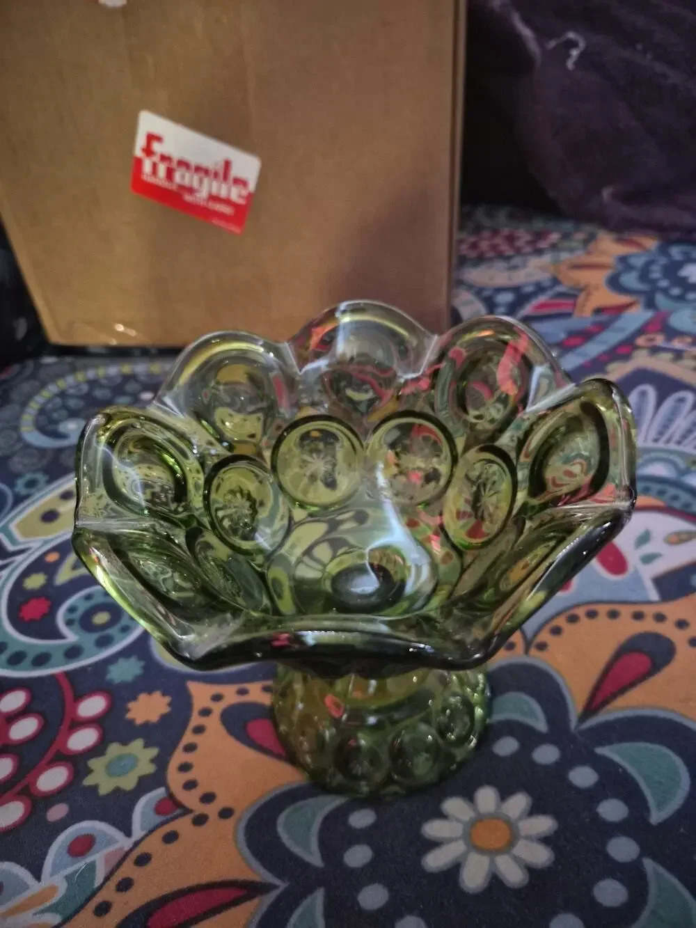 LE Smith Moon Stars Compote Pedestal Dish Green Emerald Glass Decor 6 1/2” VTG
